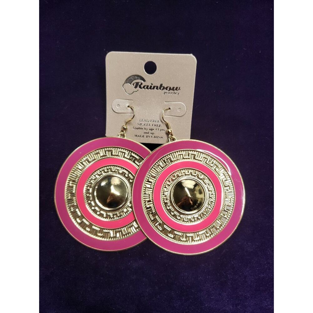 Rainbow Brand BOHO Style Earrings, Very Large, Gold Tone, Purple and Pink, NWT